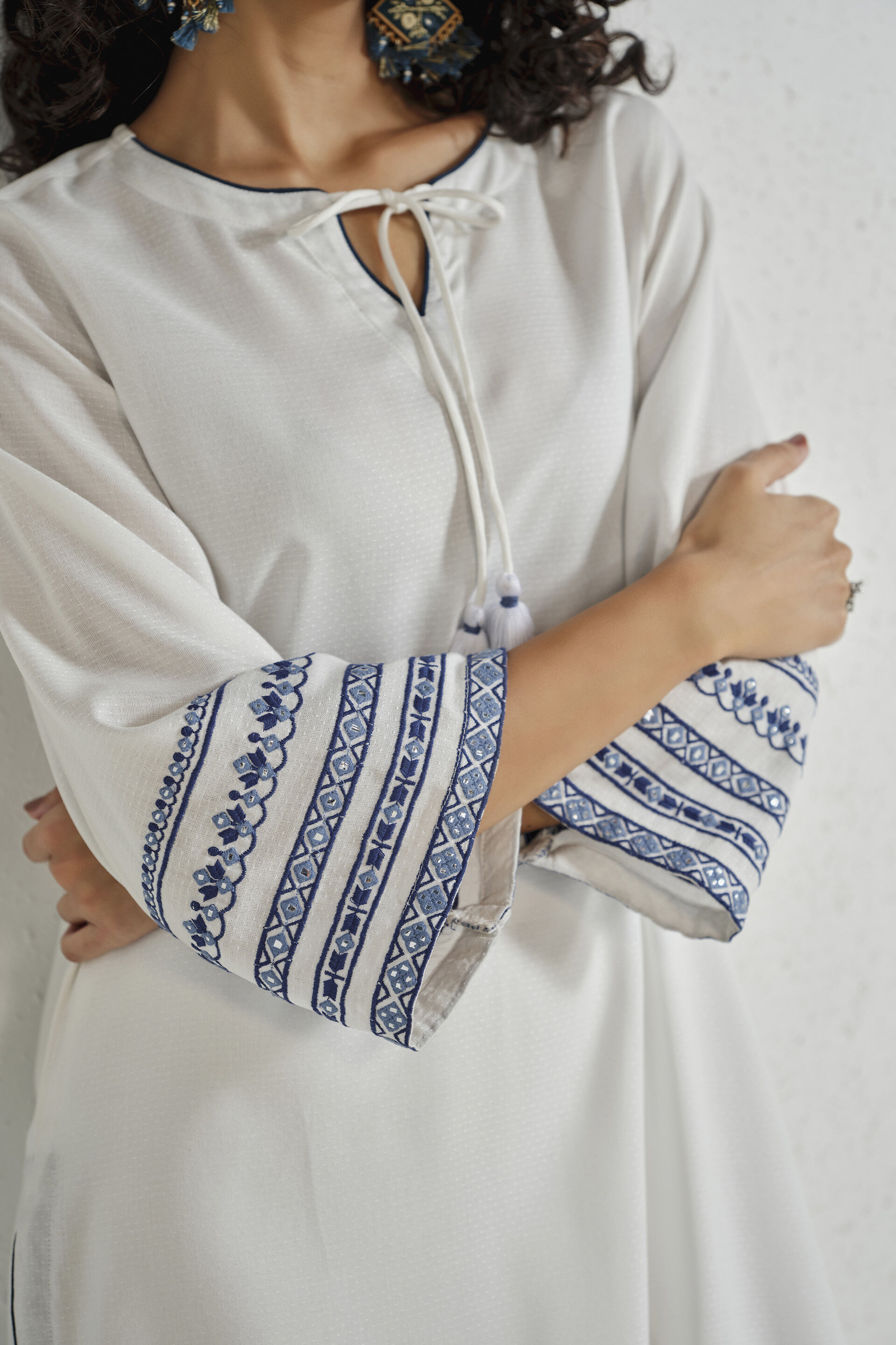 White Embroidered Long Kurta Set, White, image 4